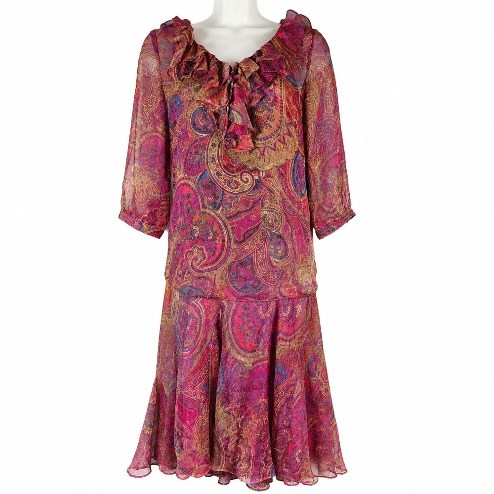 3pcs Lauren Ralph Lauren Top Skirt Set PS/12P Pink Paisley Boho Georgette Godet